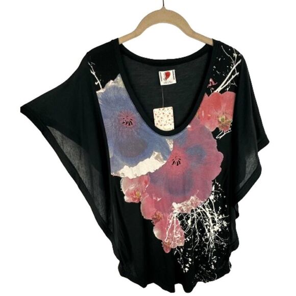 Free People Womens Top Black Pink Floral Scoop Neck Shirt Blouse Batwing Size S - Picture 2 of 5